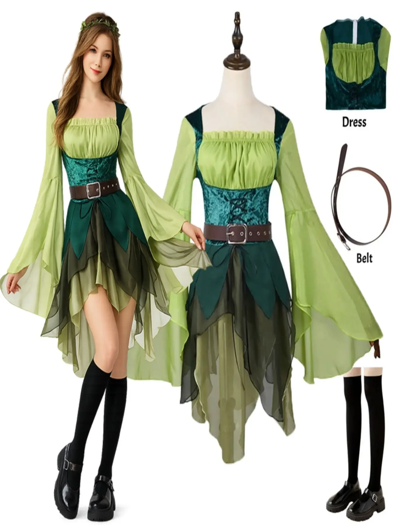 Women Elf Fairy Costume Green Medieval Dress with Wings Belt Halloween Cosplay Outfit Fairy Party Dress Accessories