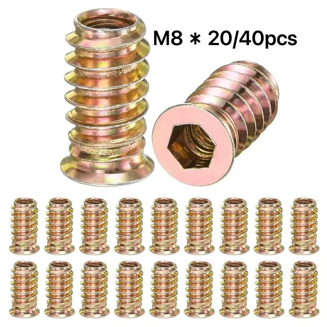 40PCS M8x20mm Threaded Wood Inserts, Wood Inlaid Screws, Hex Drive Self-Tapping Insert Nuts, Zinc-Plated Carbon Steel Furniture Fasteners, Self Tapped Screws, Ideal for Repairing Cabinets, Chairs and DIY Projects
