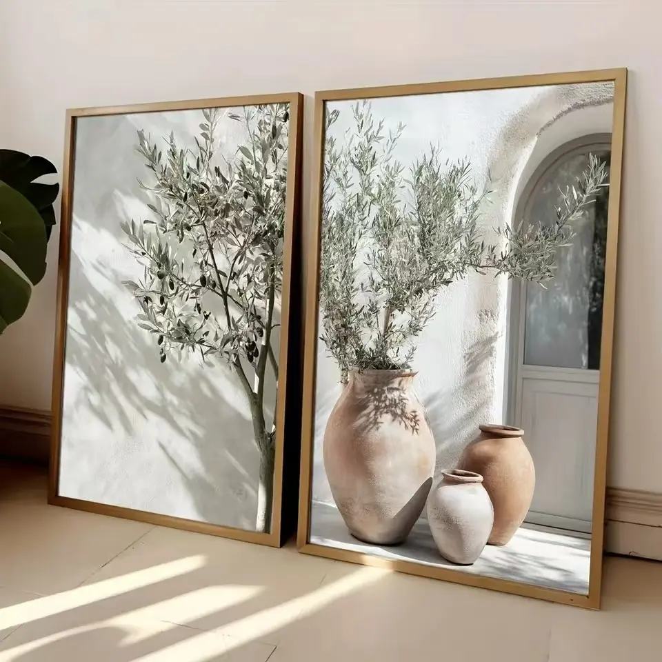 2pcs Olive Tree Shadow Vase Canvas Painting Poster Retro Plant Landscape Art Printing Living Room Bedroom Home Decoration Poster Frameless Mural Vintage Canvas Decor