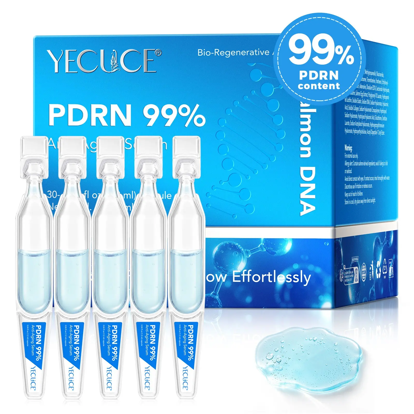 PDRN 99% Salmon DNA Anti-Aging Ampoule Serum – 99% High-Purity PDRN. Helps Repair Barrier, Improve Dullness and Rough Texture. Ultra-Small Collagen Firms, Glutathione Brightens, Hyaluronic Acid Locks in Moisture. 1.2ml per Ampoule – Fresh and Potent.