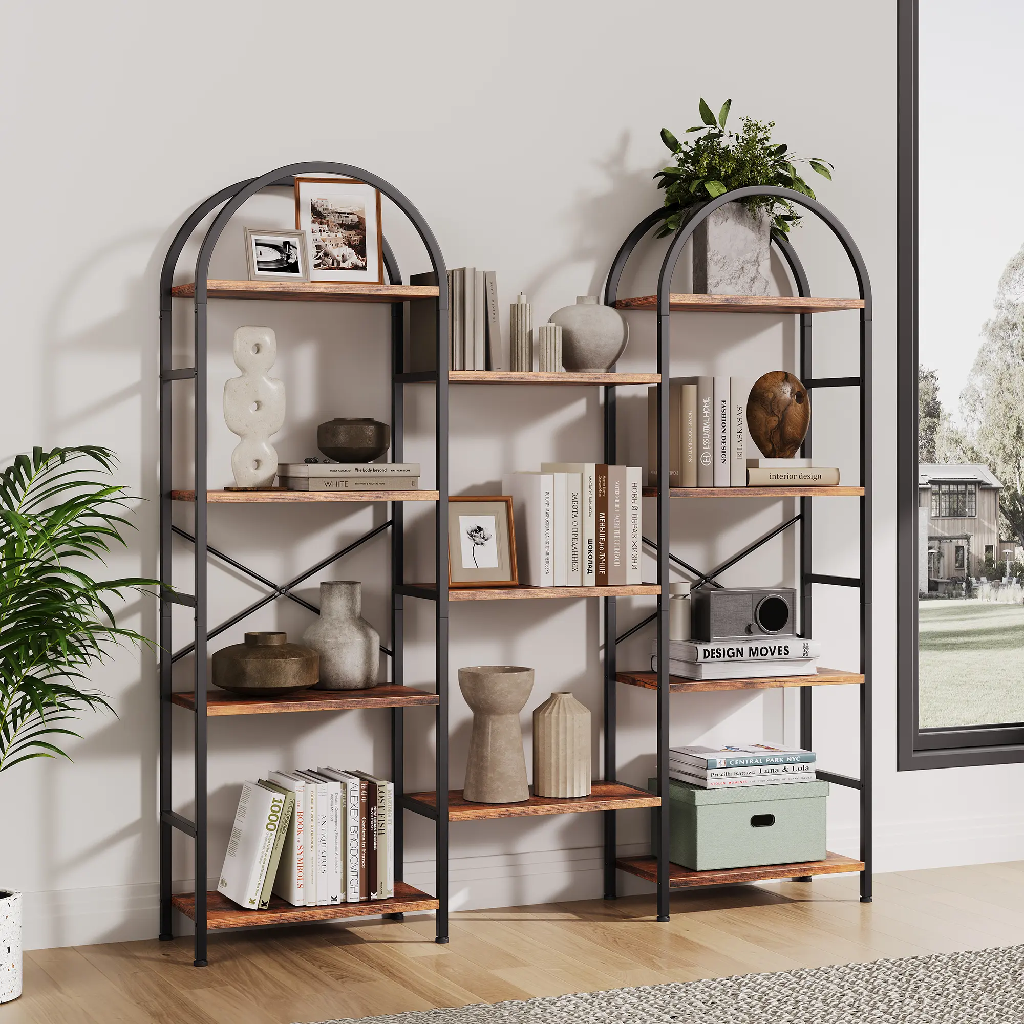 Triple Wide Arched Bookshelf, 4-Tier 63 in Tall Industrial Metal & Wood Open Bookcase, 11 Adjustable Shelves, Freestanding Display & Storage for Home Office
