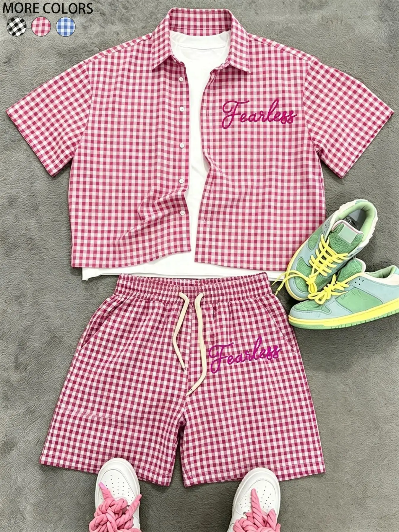 Unisex Hot Pink Gingham Cropped Button-Up Shirt & Drawstring Shorts 2-Piece Set Matching Sets with "Fearless" Embroidery Preppy Dopamine Summer Casual Outfit Shorts Sets Outfits