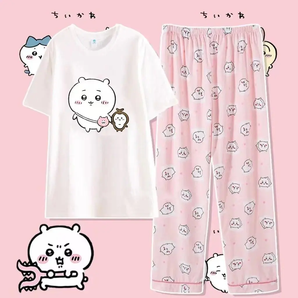 Anime chiikawa boys and girls summer pajamas Usag round neck short sleeved pants pajamas Hachiware Cartoon Loose Home Clothing