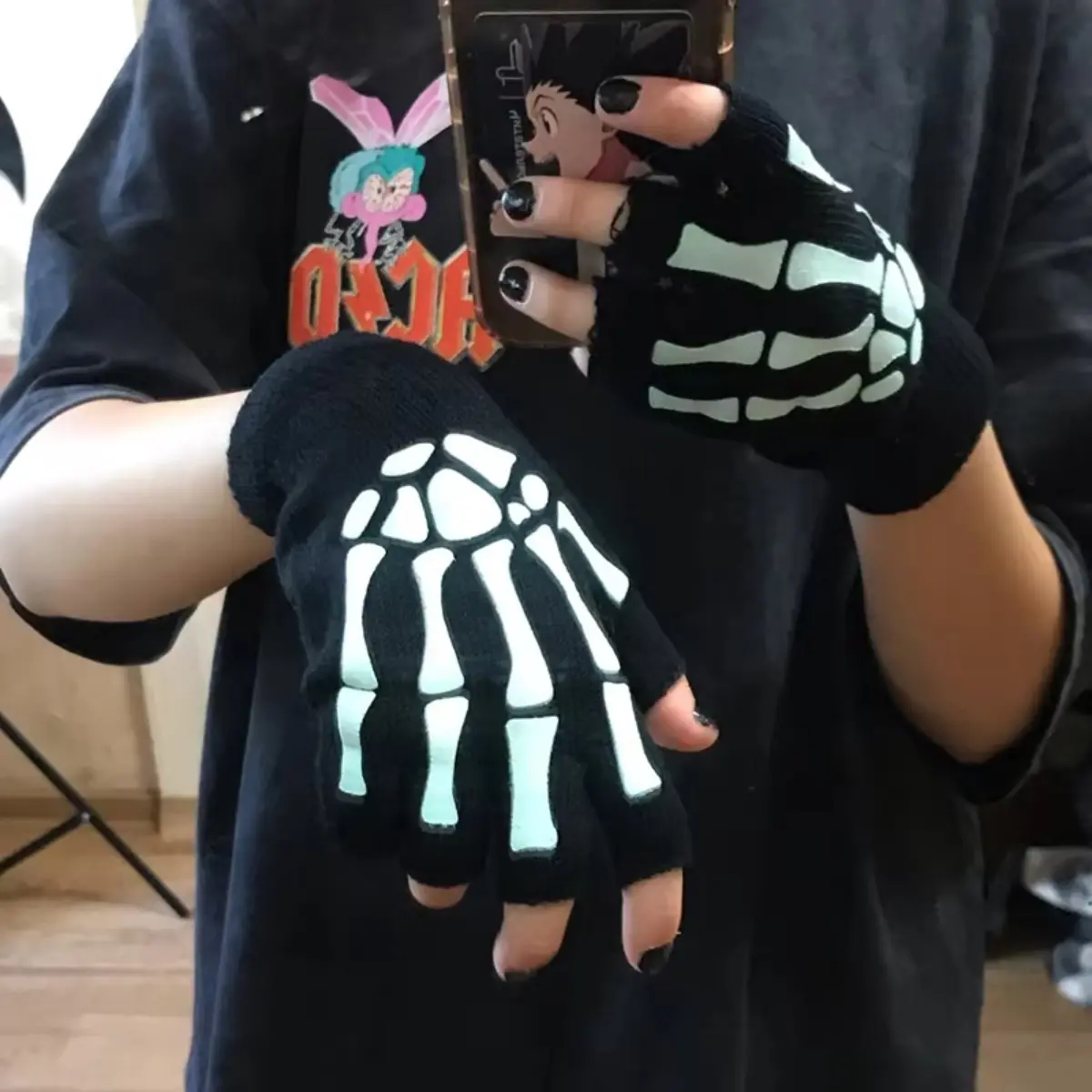 Glow in the Dark Skeleton Fingerless Gloves – Punk Half Finger Knit Gloves for Halloween & Winter Wear