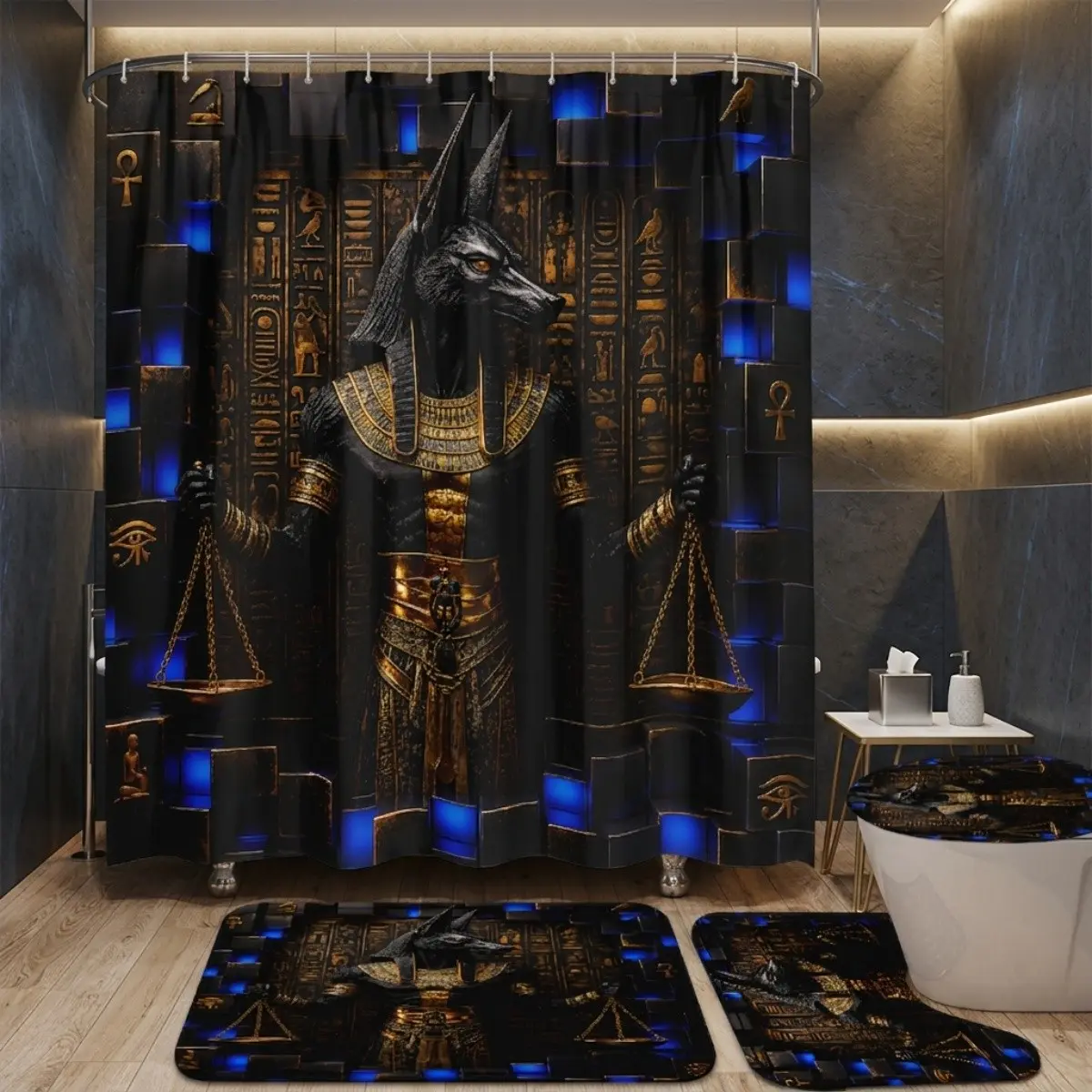 4pcs Ancient Egyptian Anubis Shower Curtain Set, Hieroglyphs, Gothic Bathroom Accessories, Halloween Theme, Celestial Design, Bathroom Shower Curtain Sets