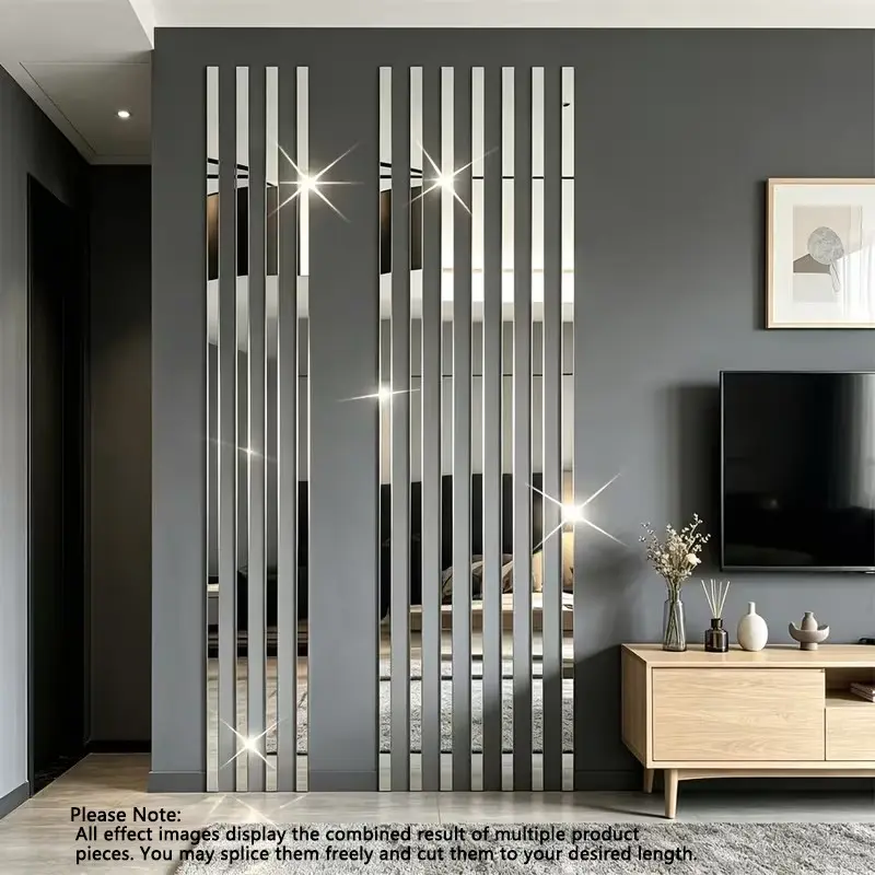 15pcs Pack, 0.78/1.18/1.57inch, Silver Acrylic Mirror Wall Sticker, Strip Self-Adhesive Wall Decals, For Living Room Bedroom Bathroom Office Home, Art Wall Decoration