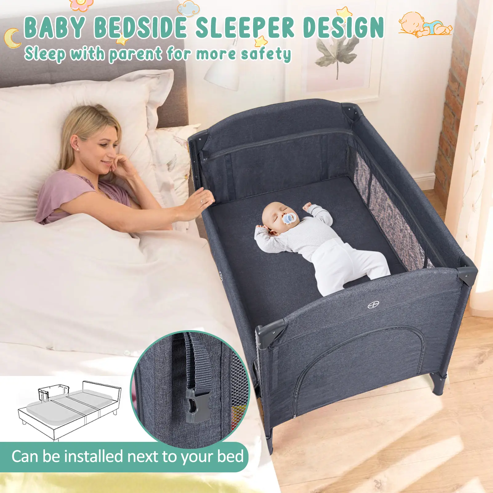 5 in 1 Pack and Play Bedside Sleeper with Bassinet, Diaper Changer & Hanging Toy, Portable Crib Nursery Center,Portable Baby Bassinet Small Portable Playpen for Babies ﻿