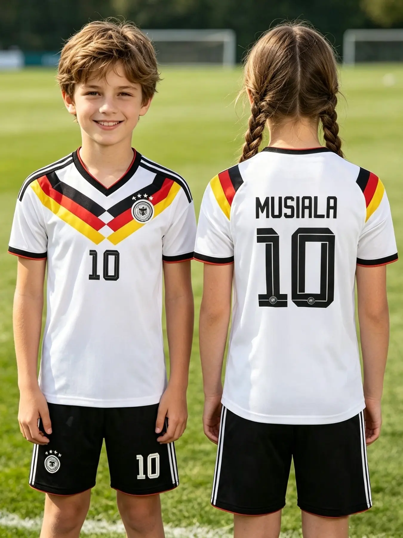 German Mueller 10 Kids Soccer Set, Three-Color Patchwork Jersey, Breathable Quick-Dry V Neck Short Sleeve Shorts, Family Training Gear