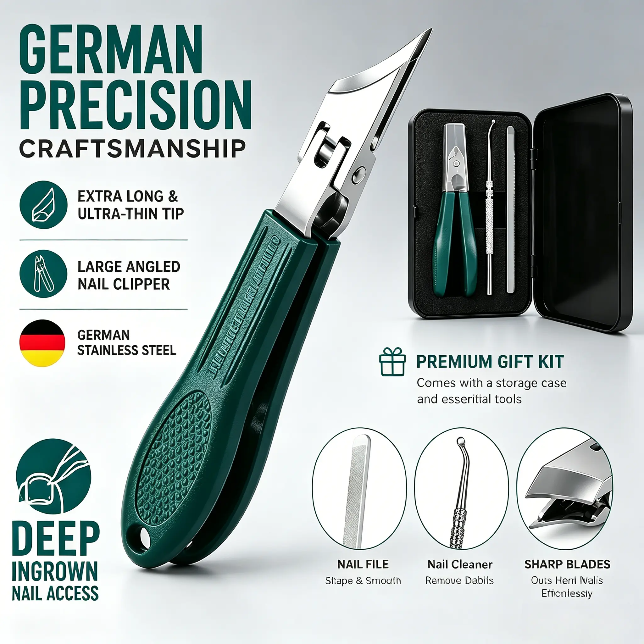 Stainless Steel Angled Nail Clipper Kit, 3-Piece Set For Thick And Ingrown Nails, With File And Cleaner