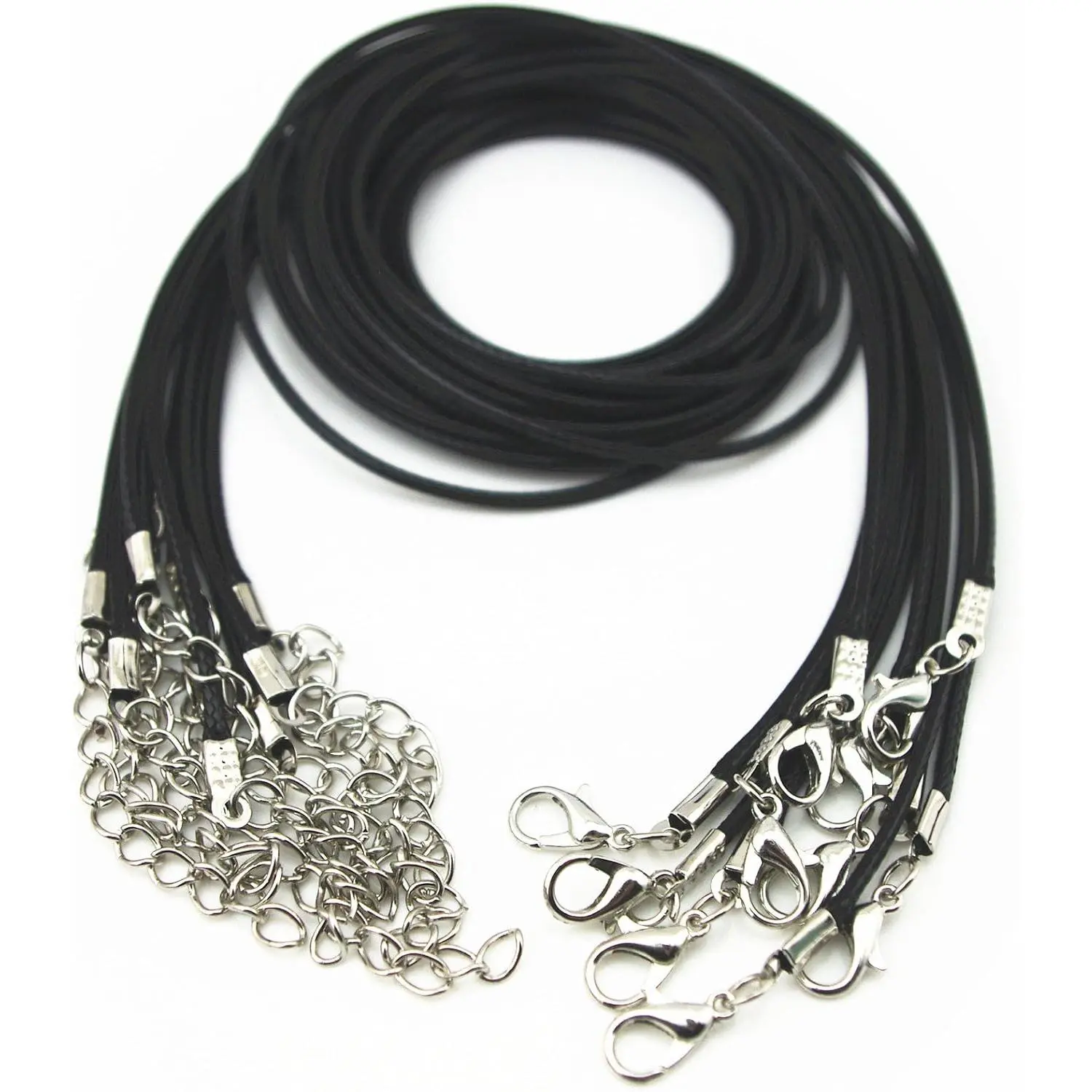 10 count Black Leather Necklace Cord Wax Cord Chain 2.0mm 2" Extension Chain