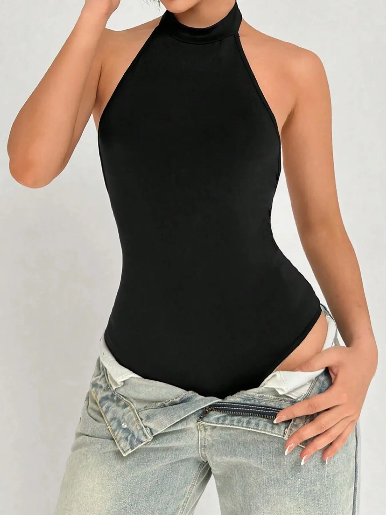 Glam Back Hollow Out Rhinestone Buckle Strap Bodysuit, High Neck Halter Sleeveless Snap Bottom, Slim Fit Chic Clubwear Top
