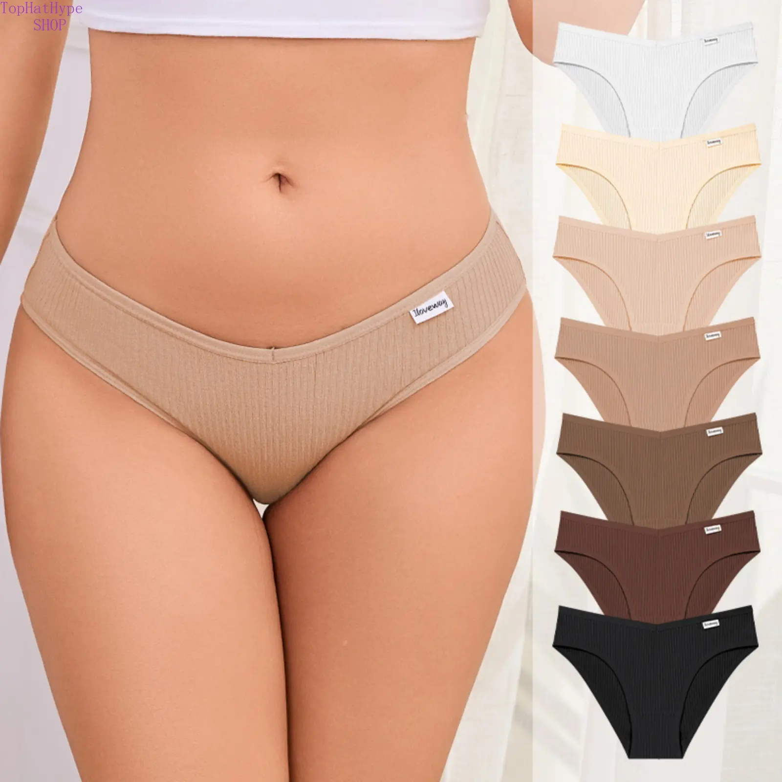 Women's Basic Simple Ribbed Low-Rise Cotton Underwear - Neutral Milk Coffee Plain Solid Soft Breathable Short Length Triangle Briefs for Teen Girls, Casual Chic Daily Wear Intimates