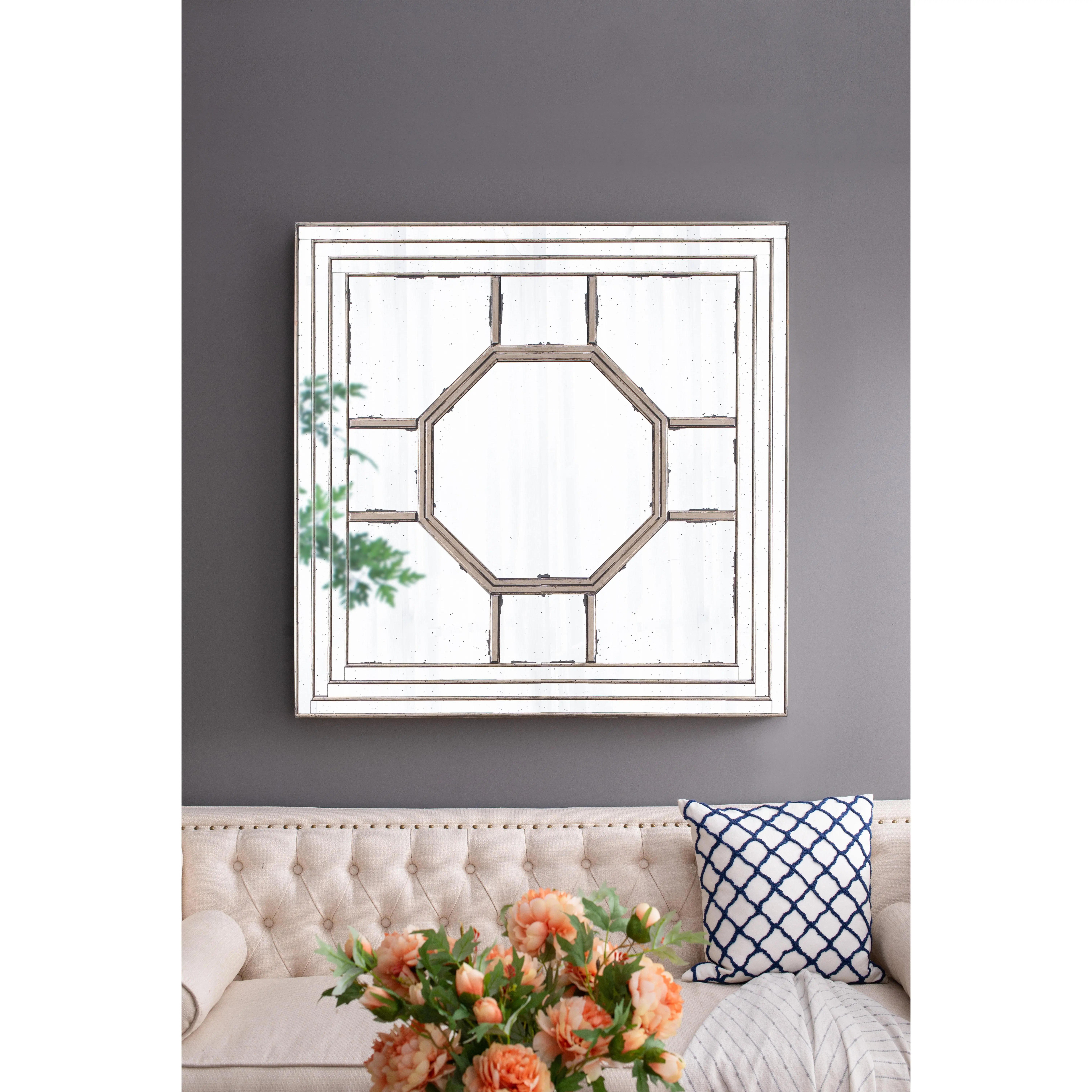 Nokaa 48x48 Inch Antique Square Wall Mirror with Mirrored Frame, Silver Finish, Large Wall Decor for Living Room Entryway Console, Distressed Style, Home Furniture