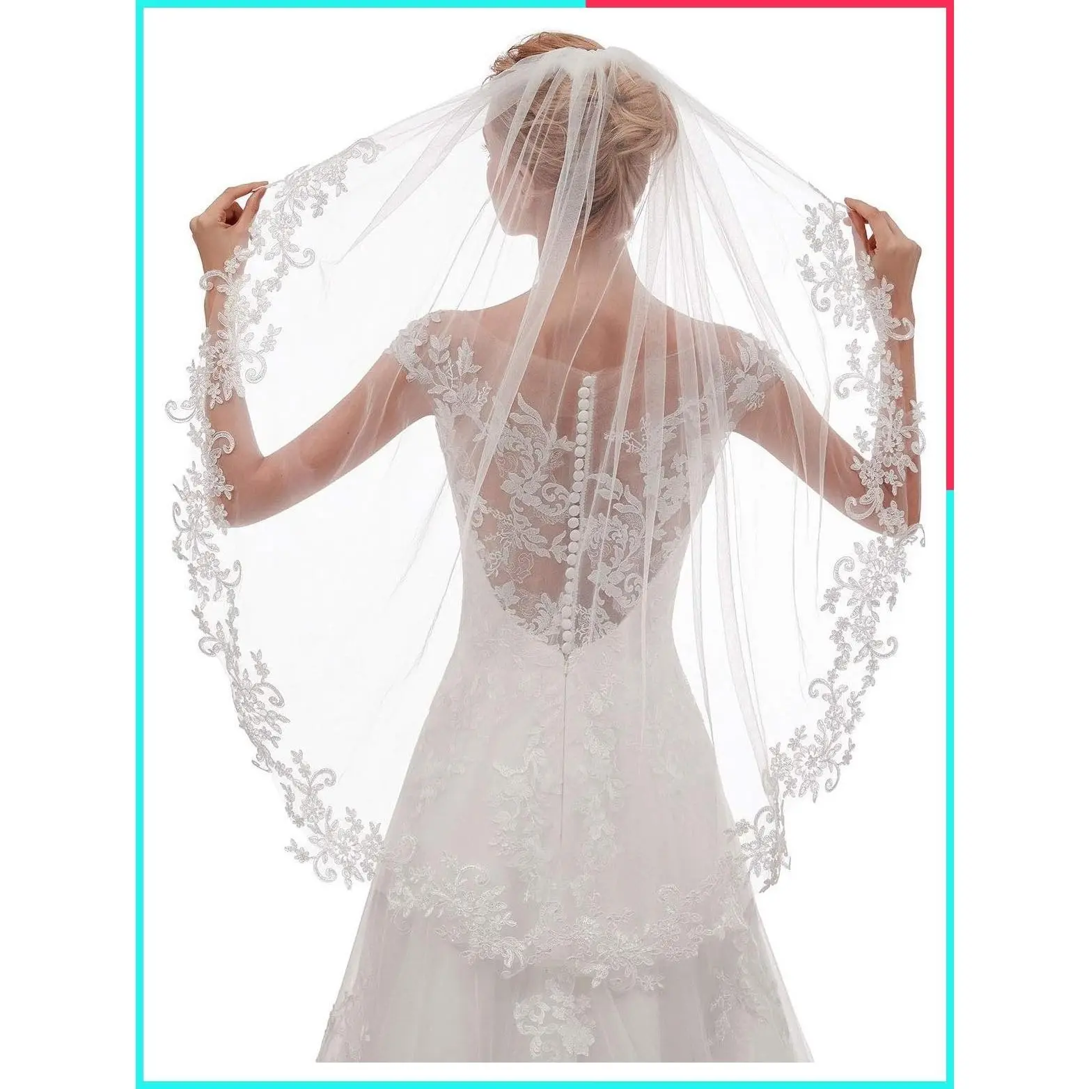 Women's Short Fingertip Length 1 Tier Lace Wedding Veil with Metal Comb L68