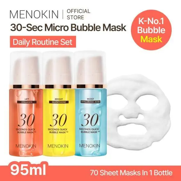 MENOKIN Korean Face Mask 3sets [30 seconds Quick Bubble Mask] (Collagen, Brightening, Repair), Hydration improvement, Radiance-boosting, Easy-to Use, Glass Skin, 3.21 fl.oz , summervibe
