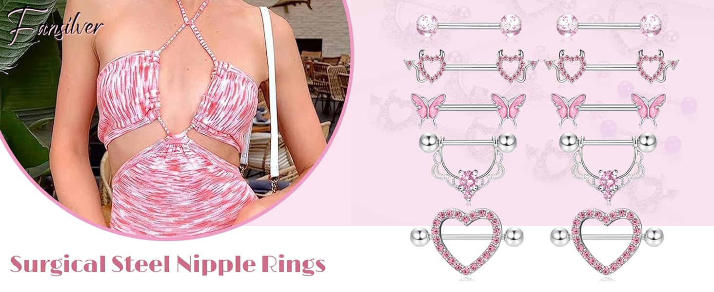 Fansilver 14G Nipple Rings for Women Surgical Steel Nipple Piercing CZ Heart Butterfly Barbell  Cute Nipple Body Piercing Jewelry for Sensitive Skin