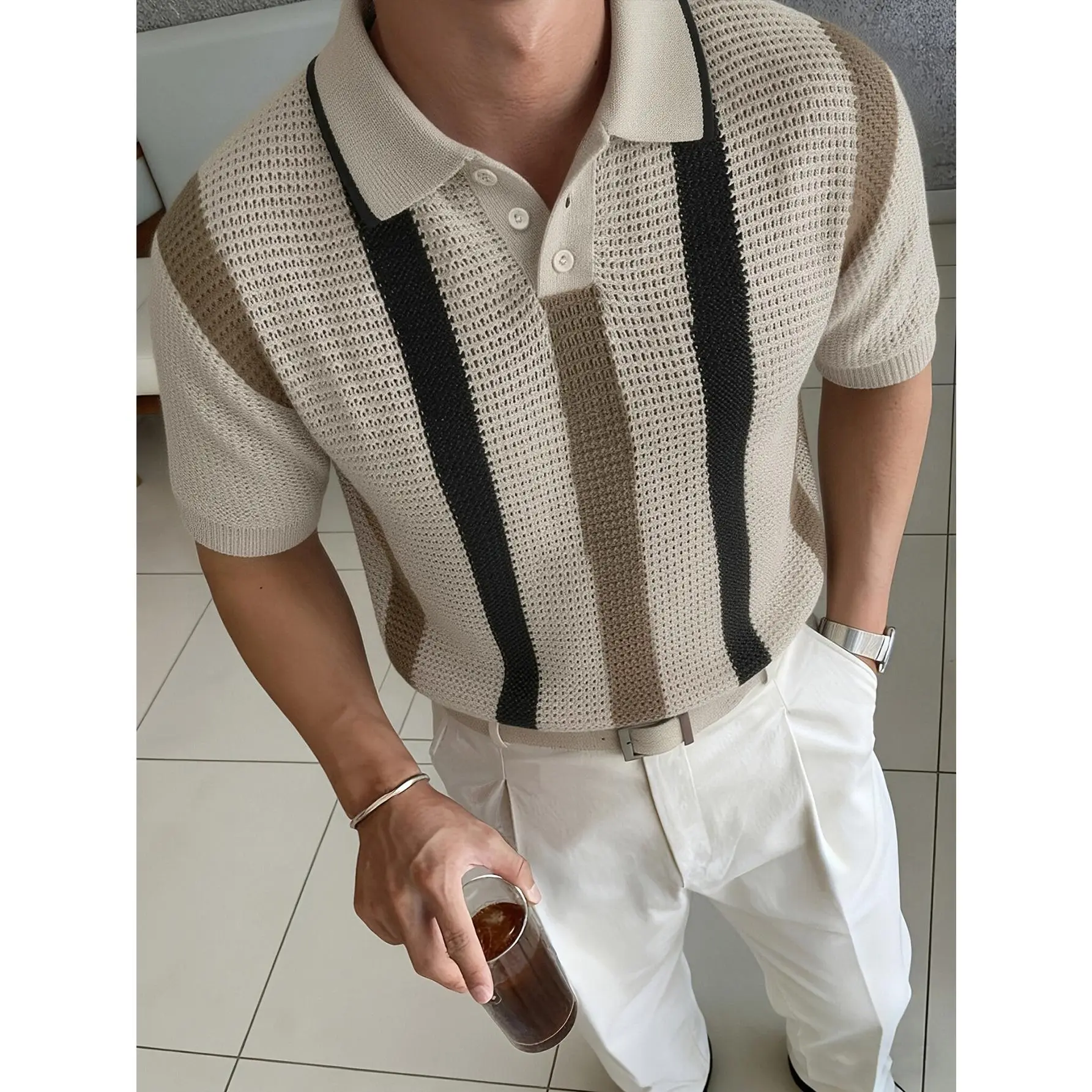 Breathable Hollow Mesh Knit Polo Sweater with Vertical Color Block Stripes, Button Placket Short Sleeve Knit Shirt, Stylish Airy Choice for Relaxed Summer Outfits and Contemporary Mensfashion