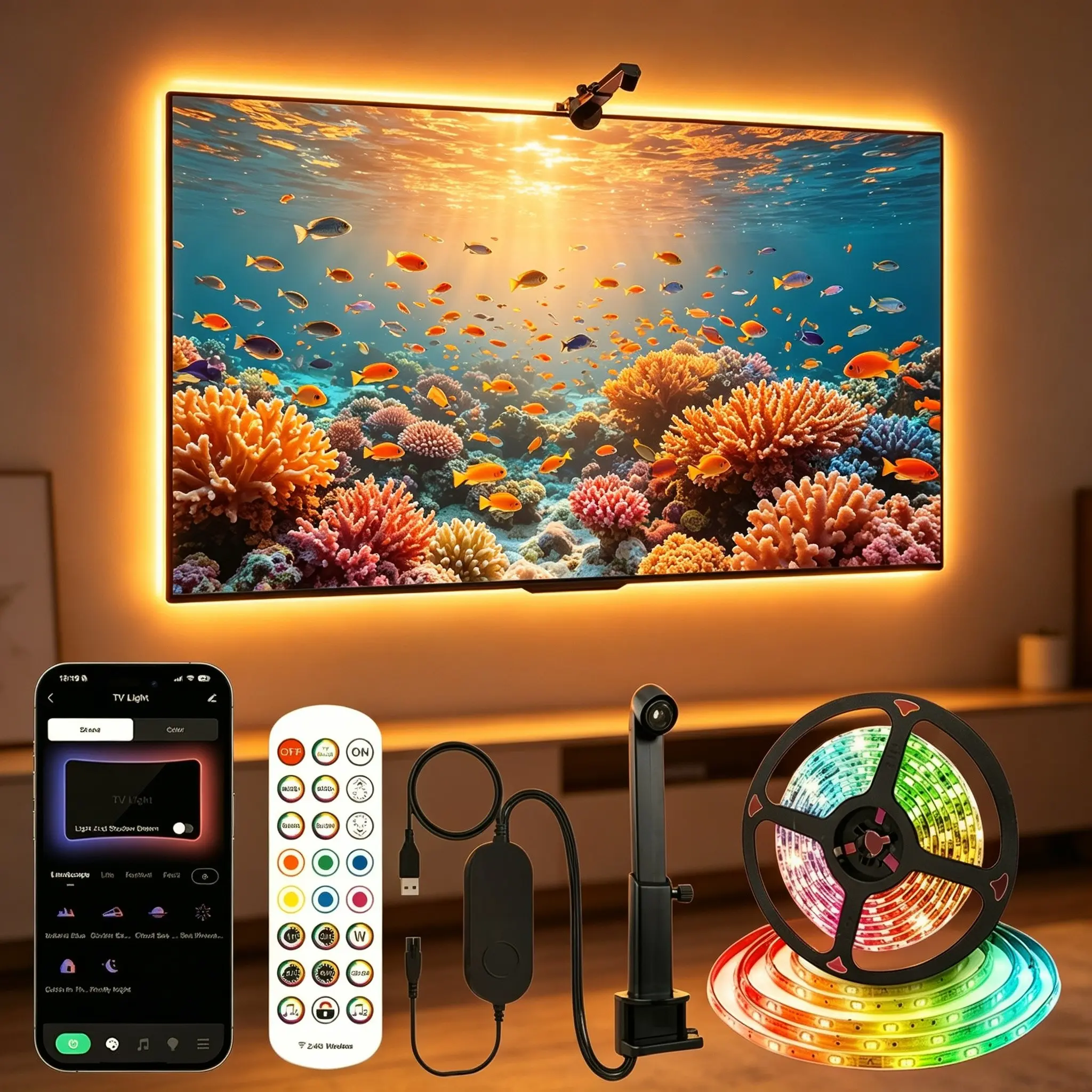 16.4ft Game Light Strip, USB LED TV Backlight Led Tv Lights for 55-65 Inch Tvs,Includes Remote Control，Color Sync, Ar Sensor, Bluetooth-compatible Control, Music Sync, Holiday Gift
