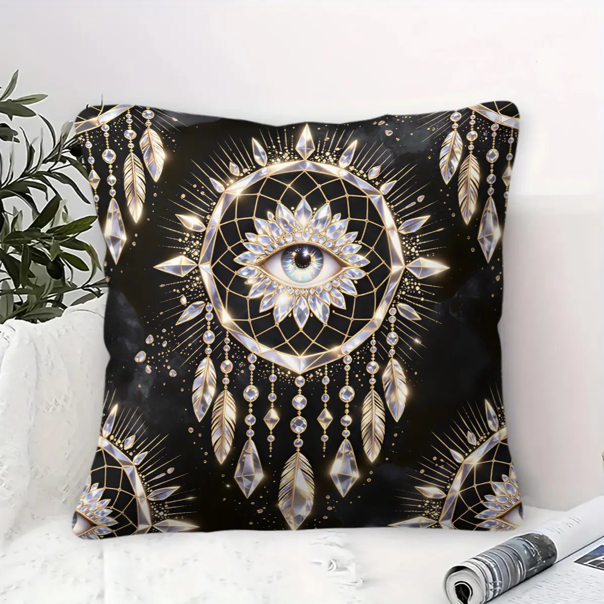All Seeing Eye Dreamcatcher Throw Pillow With Insert, Gold Feather Crystal Multiple Astrology Print, Luxury Mystic Home Decor, Versatile Niche Square Cushion For Bedroom
