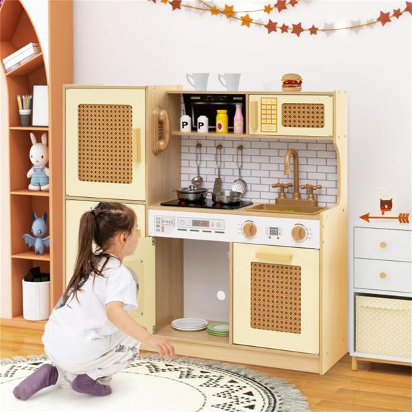 Kids Wooden Kitchen Playset 3+ with Fridge Sink Washing Machine with Realistic Light Sound Rattan Doors - Yellow