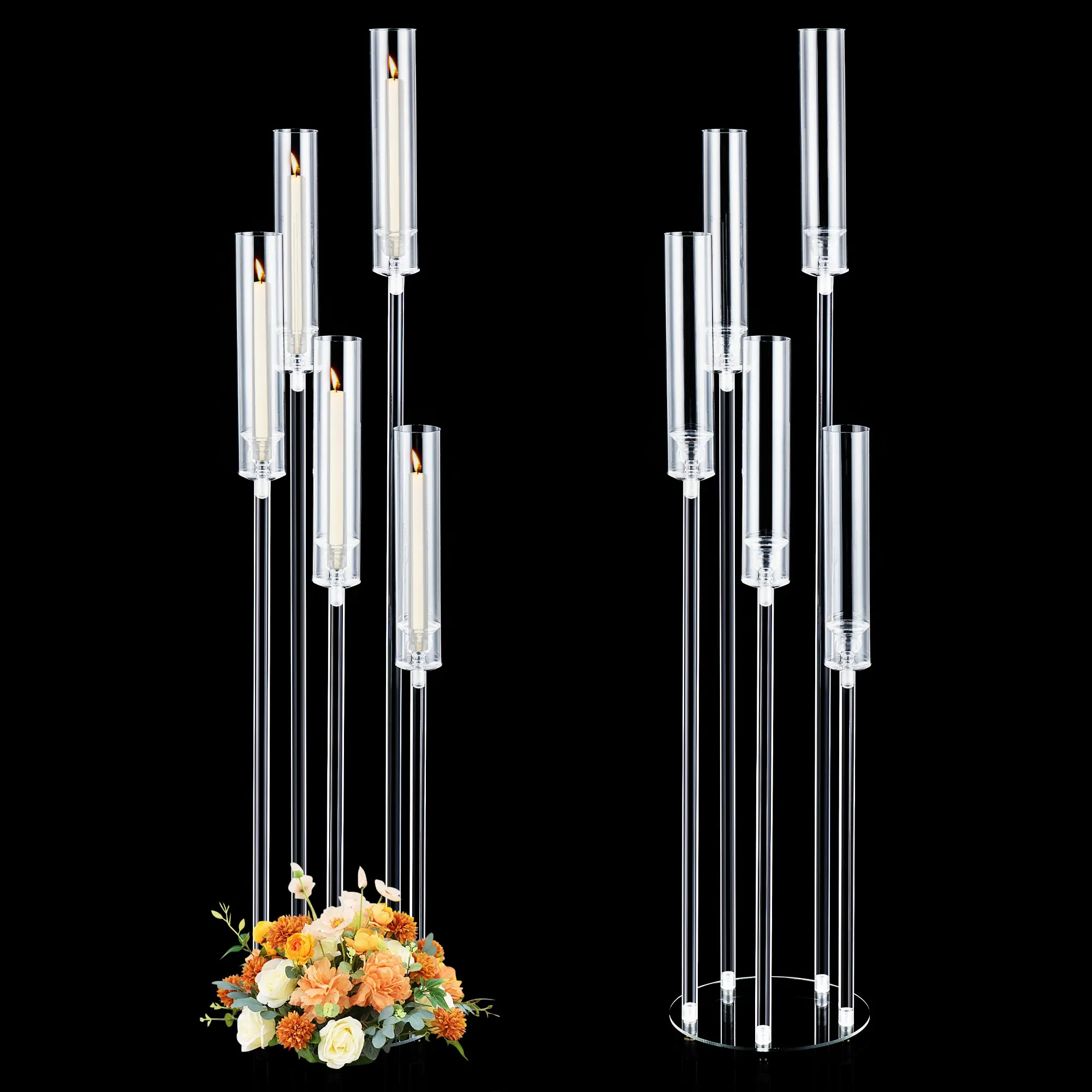 Elegant 45.7in Tall 5-Arm Clear Acrylic Candelabra Centerpiece with Removable Shades - Modern Candle Holder for Floor or Table - Perfect for Weddings, Parties, Home Decor - Fits 0.8in LED or Wax Candles