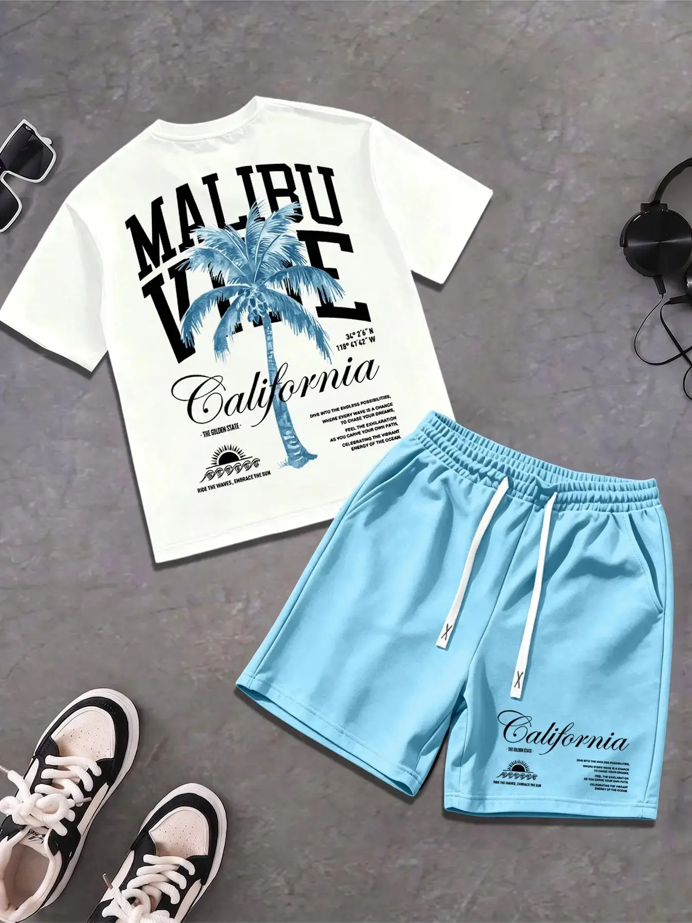 Men Crew Neck Short Sleeve Tee & Drawstring Shorts Matching Set, Streetwear, Front Malibu California Palm Tree Print & Back Tropical Letter Graphic Soft Loose Summer Beach Casual Tracksuit