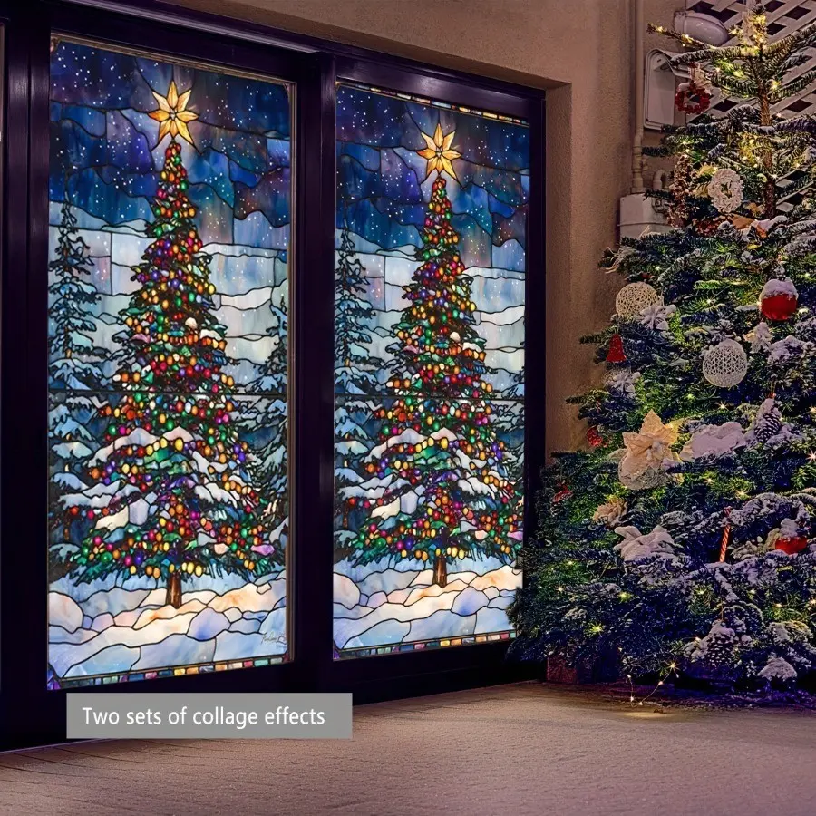 Large Christmas Tree Window Sticker, Double-Sided Visible Static Glass Decal, Window Decals For Glass Windows, Bedroom Living Room Bathroom Decor, Holiday Window Decoration