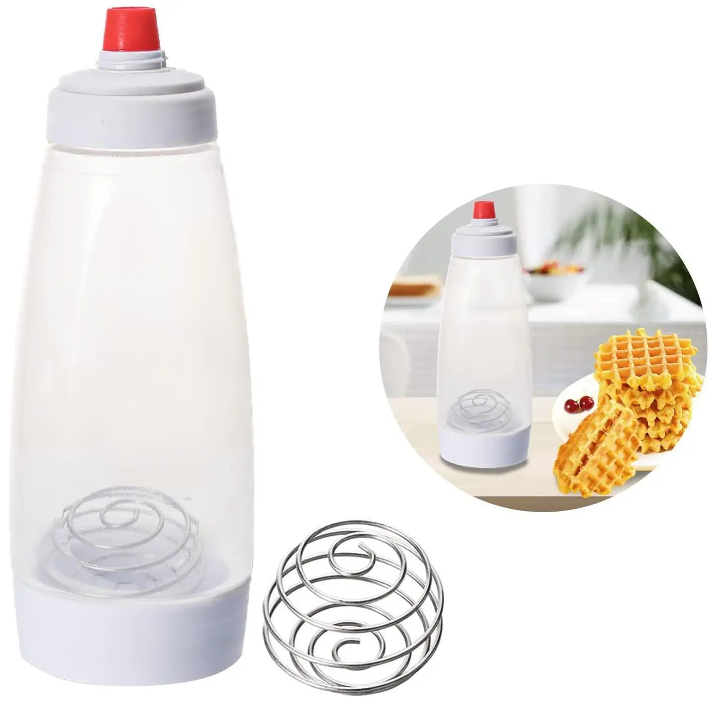 1 Pcs 1000ml Food-Grade Sturdy Silicone Pancake Batter Dispenser & Mixer, Whimsical Kitchen Supplies with Blender Ball Wire Whisk Squeeze Bottle, Durable Shake-Mix in Bottle Baking Tool with Heat Resistance, Perfect Control & Interesting Patterns