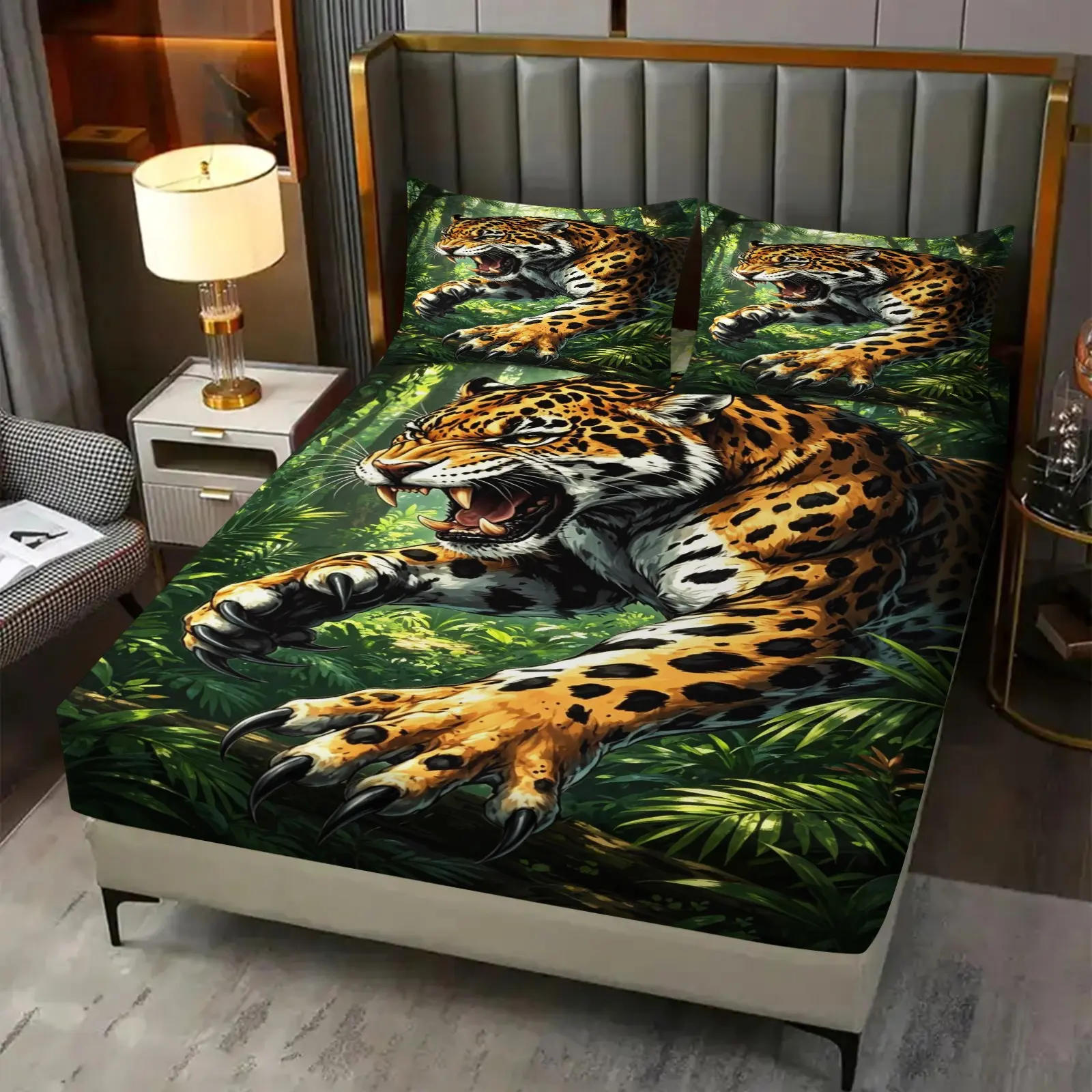 Realistic Tropical Jungle Ferocious Jaguar All Over Print Fitted Sheet Set, No Filling Included, Non Slip Mattress Wrap, Machine Washable Fade Resistant, Studio Apartment Decor, 3 Piece Bedding Set Perfect For Studio Apartment