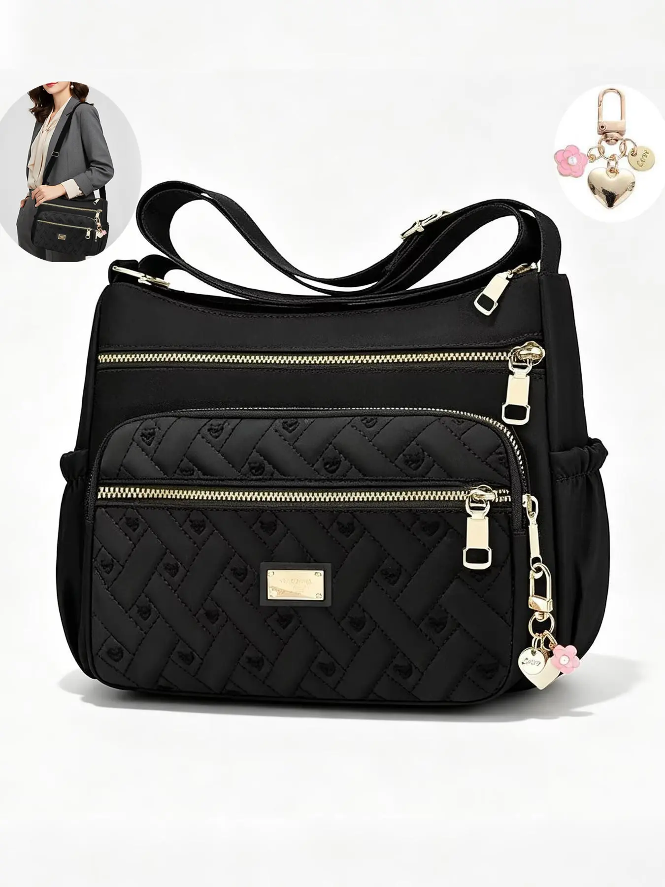 High-Quality Large Designer Heart Buckle Zipper Multi-Pocket Women's Shoulder Crossbody Bag, Adjustable Strap Bag, Work Shopping Party Casual Sling Backpack, Fashionable Crossbody Bag, Crossbody Purses, Casual Trendy Purses
