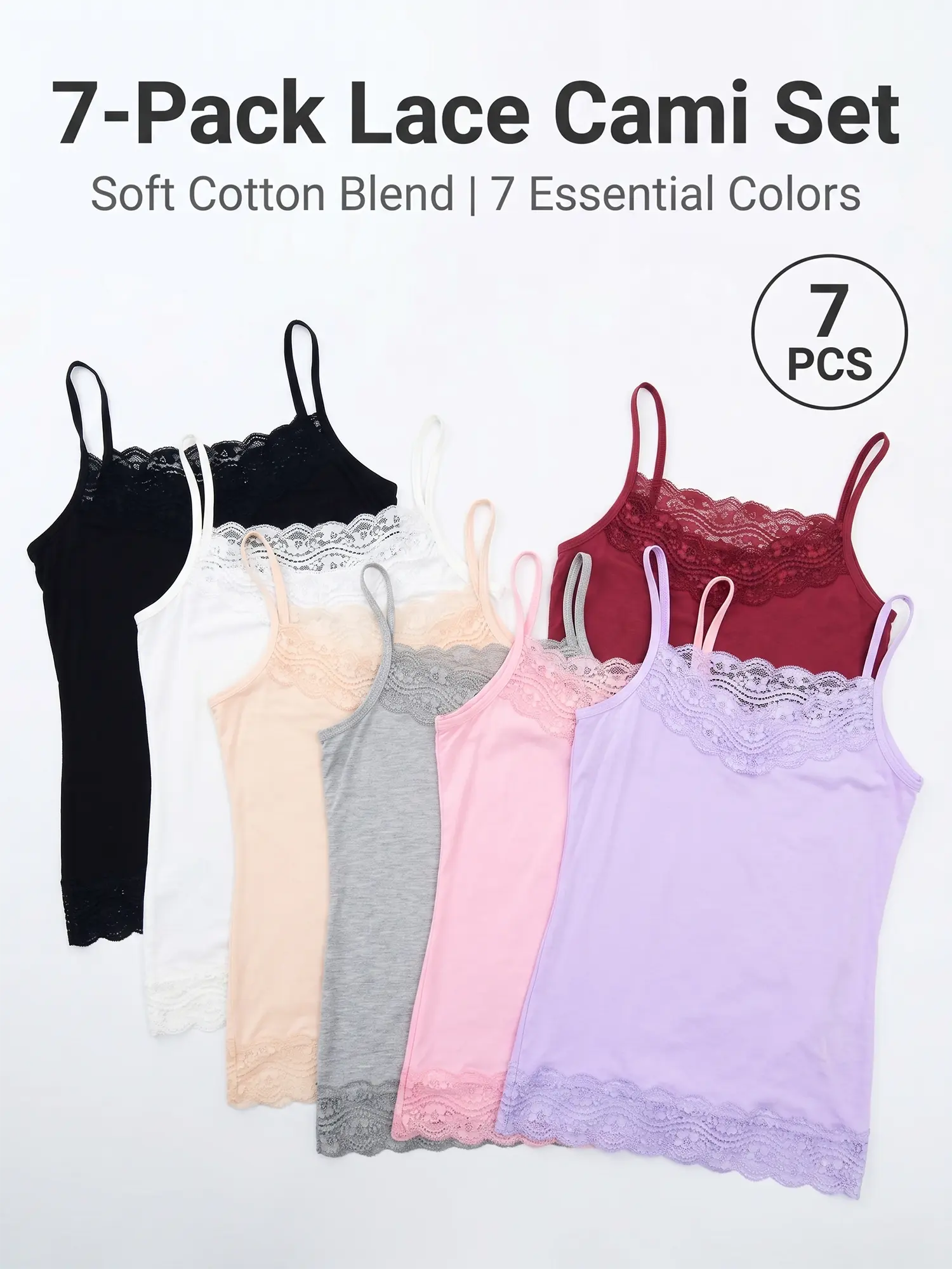 Women's 7-Pack Fitted Lace Tank Tops - Soft Solid Plain Medium-Length V-Neck Sleeveless Layering Camisoles, Hand Wash Everyday Basics