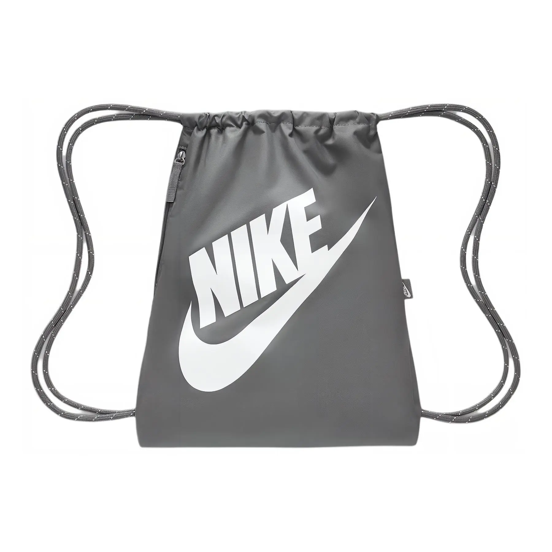 Nike Heritage Oversized Logo Drawstring Gym Bag for Men and Women – Recycled Polyester, Smoke Gray with Summit White