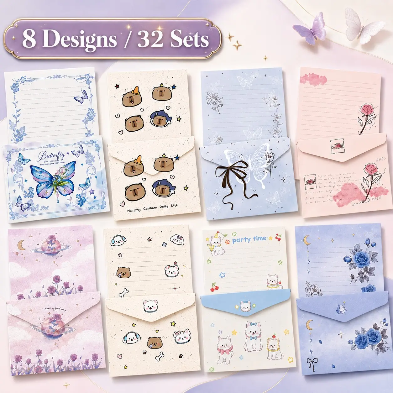 32-Piece Cute Letter Paper Envelope Set, 8 Adorable Designs, Stationary Letter and Envelopes, Unique Envelopes, 32 Envelopes and Papers, Ideal for Pen Pals, Diaries, Gifts, Letters, Thank You Cards