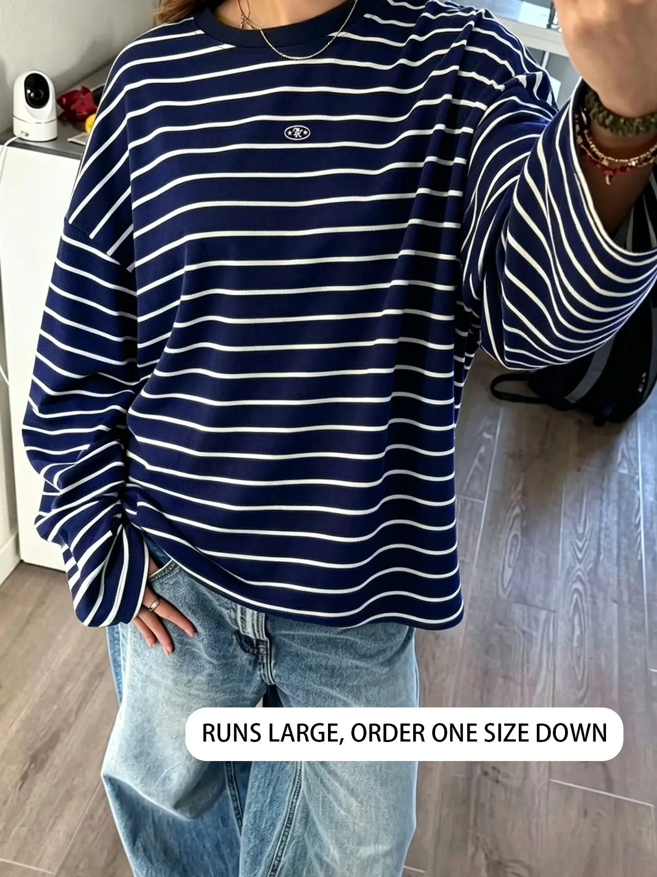 Women's Striped Crew Neck Long‑Sleeve T‑Shirt, Loose‑Fit Top, Preppy Casual Style Suitable For Daily Street And Home Scenes