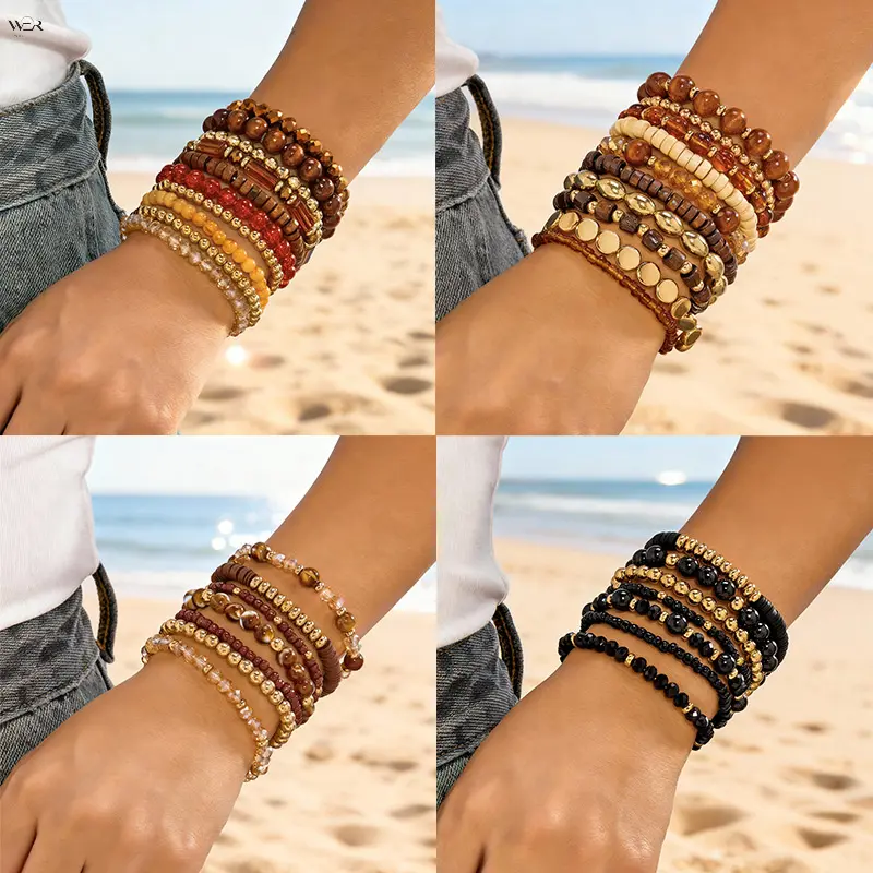Multi-Layer Natural Stone Wood Bead Stack Bracelet Set, 8 Styles Boho Earth Tone Layered Beaded Wrist Bands, Beach Vacation Retro Decor Bracelets for Women, Bead Chain, 18Cm / 7.08In
