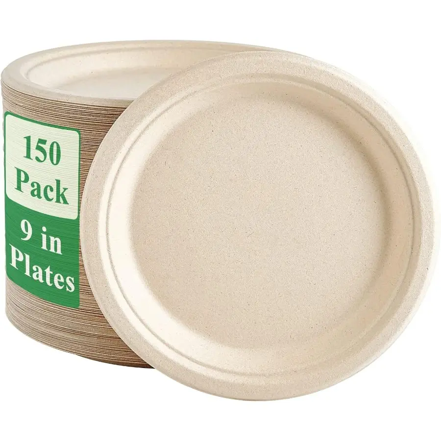 Vplus 150-Pack 9-in Heavy-Duty Disposable Paper Plates, Compostable Bagasse Sugarcane Tableware for Eco Events, Natural Biodegradable Eco-Friendly