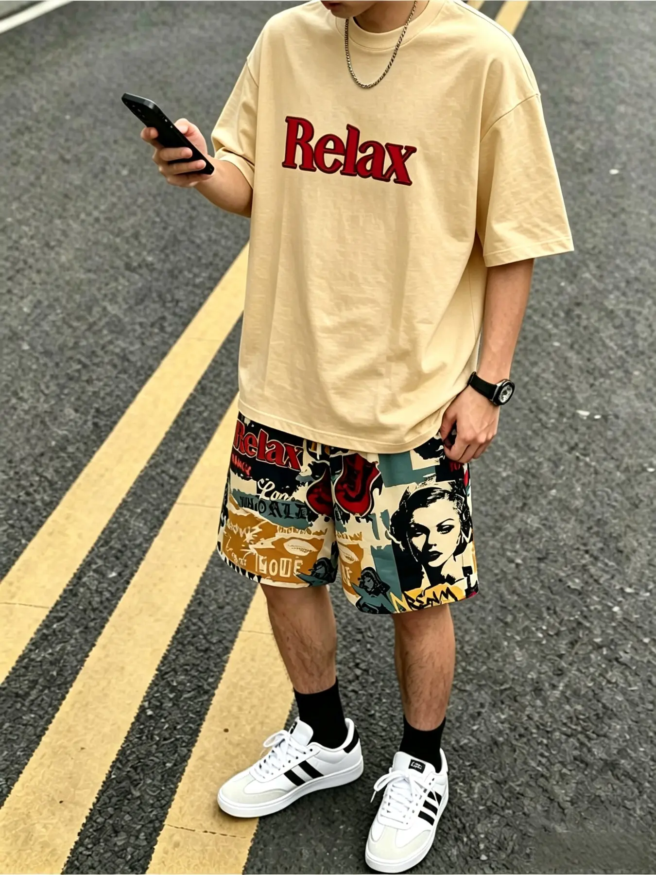 American Style Short Sleeve Set, Boy Peach Color Relax Letter Tee, Vintage Graffiti Shorts, Loose Fit, Sporty, Casual, All Seasons