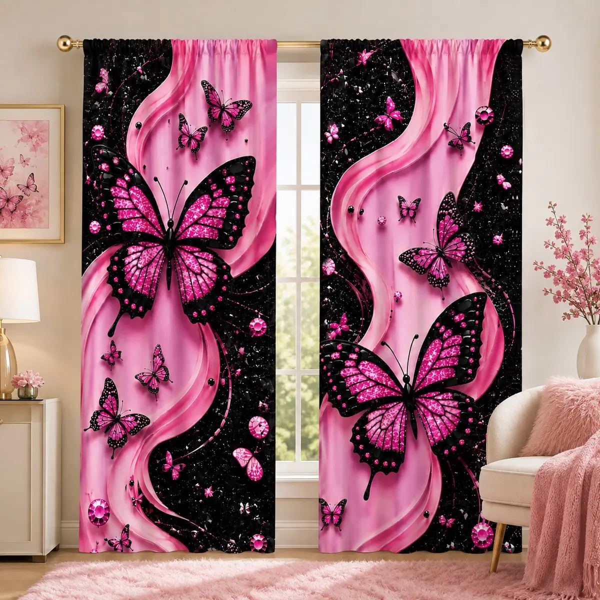 Two-piece black, pink, butterfly print curtains, Window curtain, single-sided printing, semi-blackout - rod pocket curtains, available in multiple sizes, for privacy protection, suitable for home decor (rod not included)