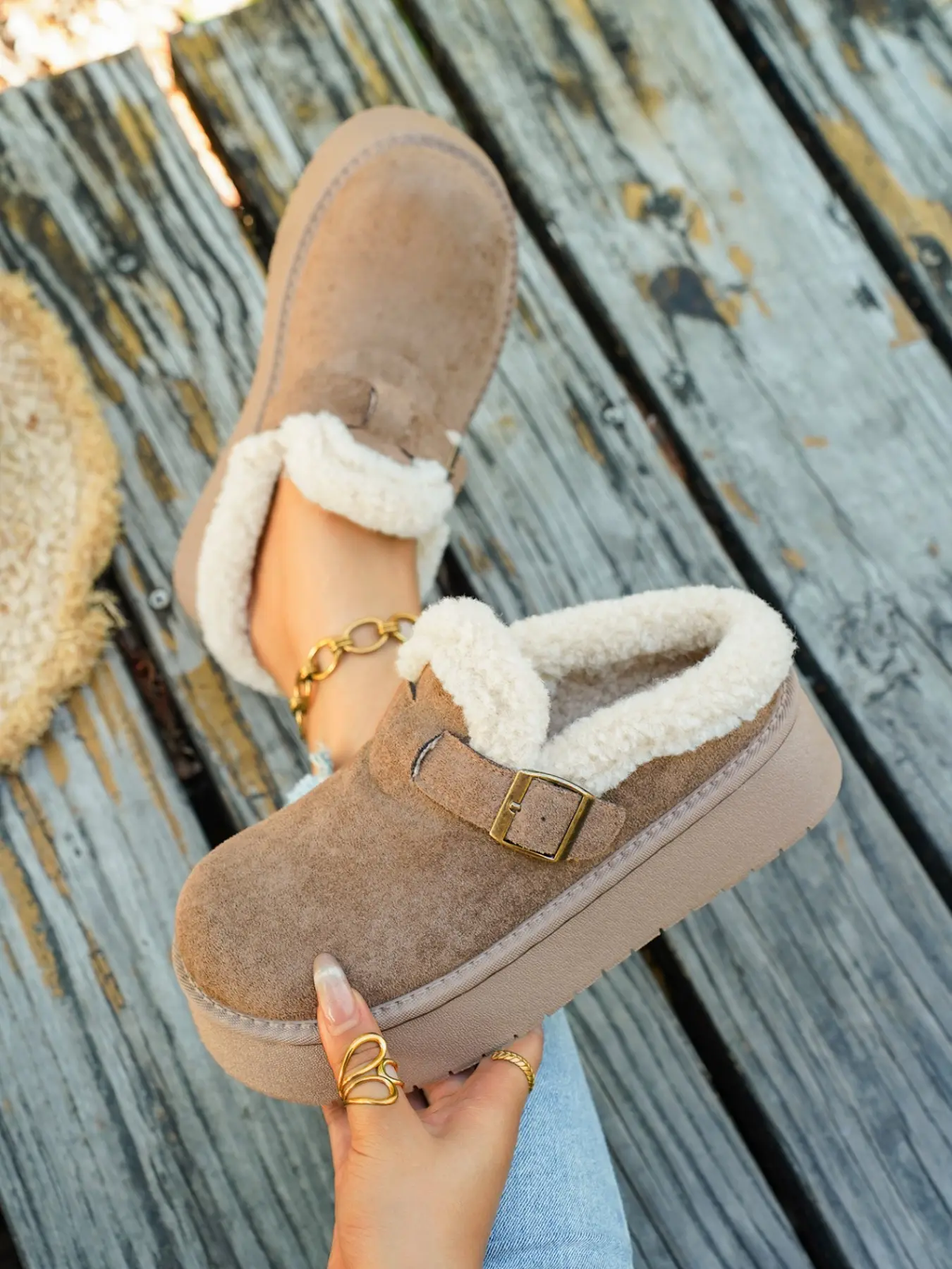 Women Fuzzy Lined Platform Mule Clogs, 4 Colors Suede Closed Toe Backless Birken Slides, Adjustable Metal Buckle Warm Fluffy Winter Slip On Casual Walking Shoes