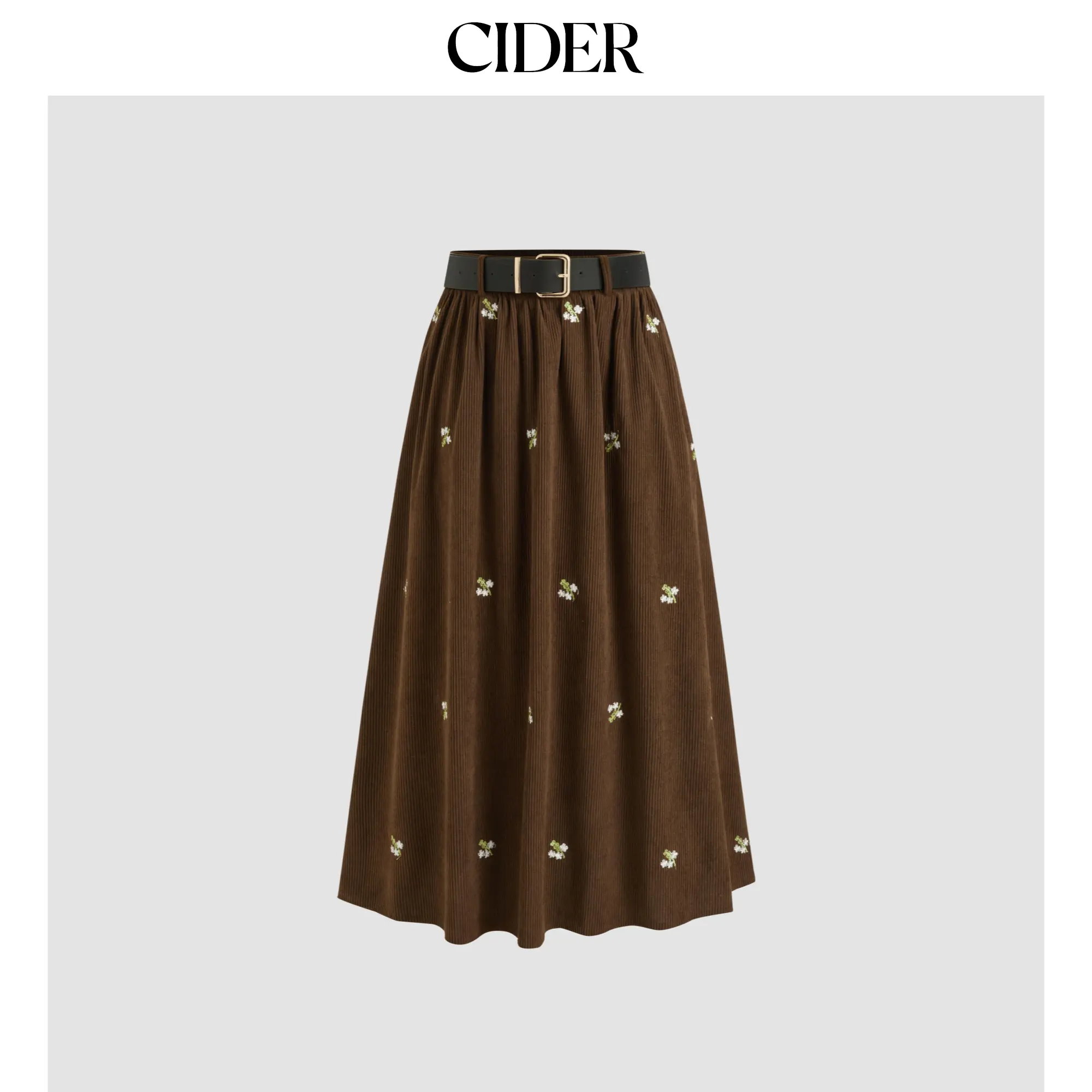 Cider [3 colors, size 2-26] Corduroy Mid Rise Floral Embroidery Ruffle Pocket Maxi Skirt With Belt