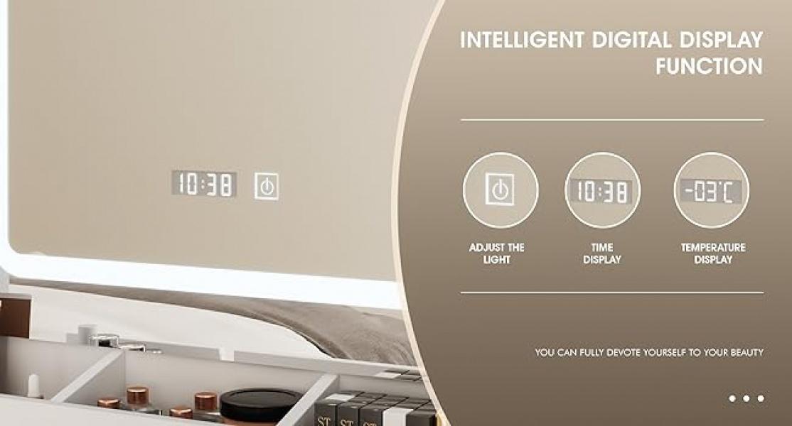 Vabches Makeup Vanity Desk, Vanity Mirror with Lights Desk and Chair, White Vanity Table with Large Storage Drawers and Shelves, Time and Temperature Display, 3 LED Lighting Modes Adjustable, White Vabches Makeup Vanity Desk, Vanity Mirror with Lights Desk and Chair, White Vanity Table with Large Storage Drawers and Shelves, Time and Temperature Display, 3 LED Lighting Modes Adjustable, White