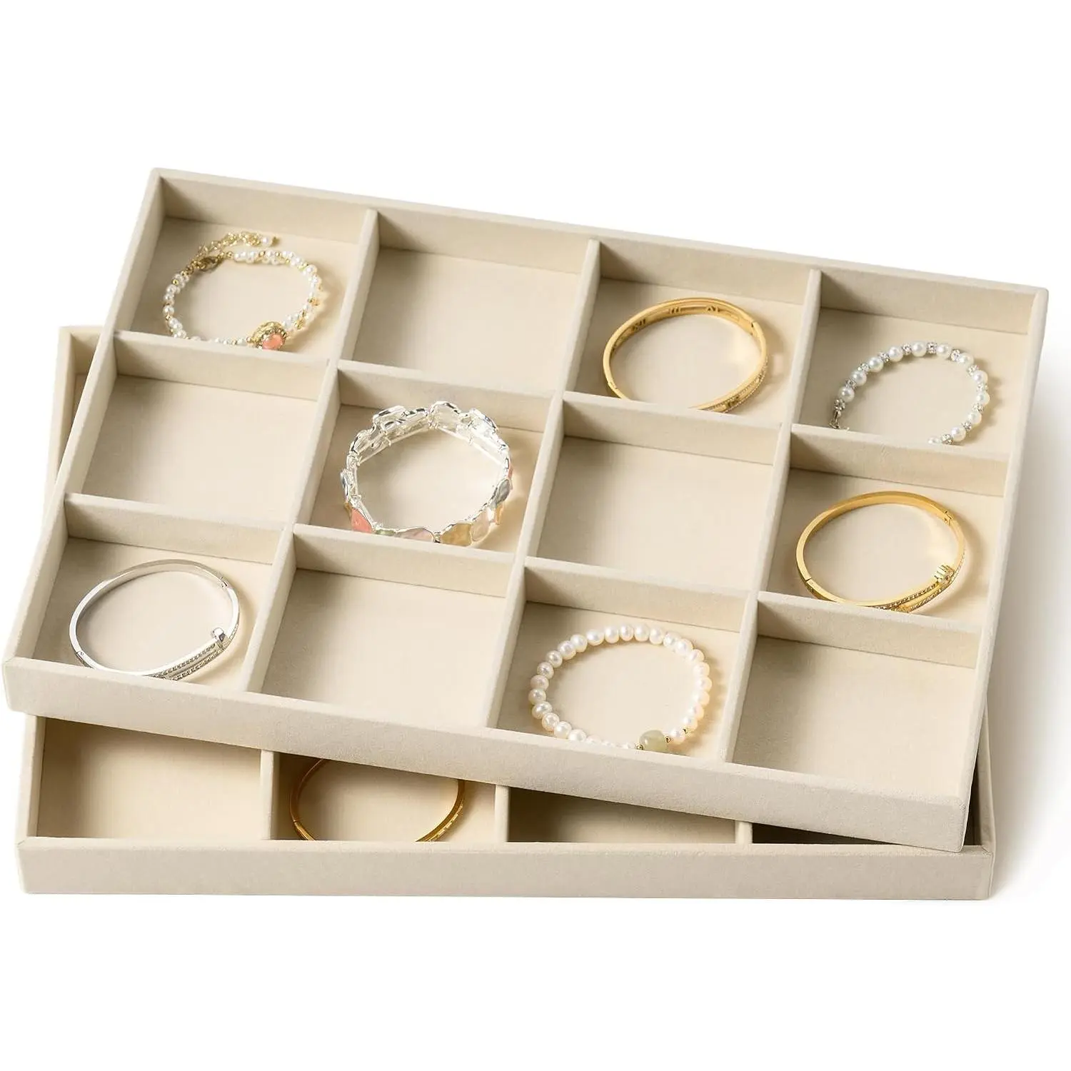 Drawer Jewelry Organizer & Display Trays: 2pcs 12grid Velvet Stackable Jewelry Case (13.8x9.4x1.2inch) - Soft Beige Necklace Holder Bracelet Display Watch Box