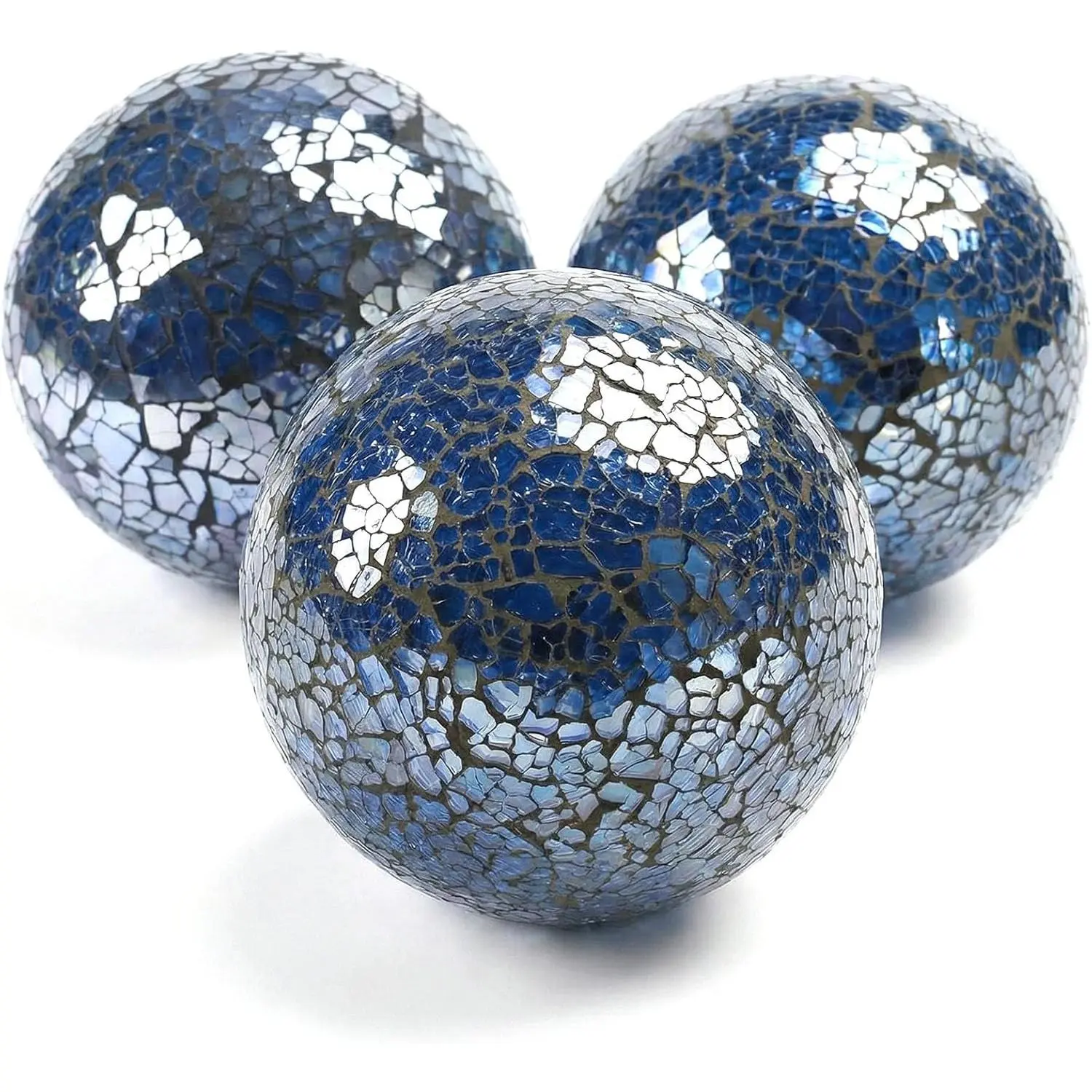 DomeStar 3PCS 4 Inch Blue Mosaic Glass Decorative Balls Orbs, Perfect for Centerpiece Bowls, Dining Table, Home Decor