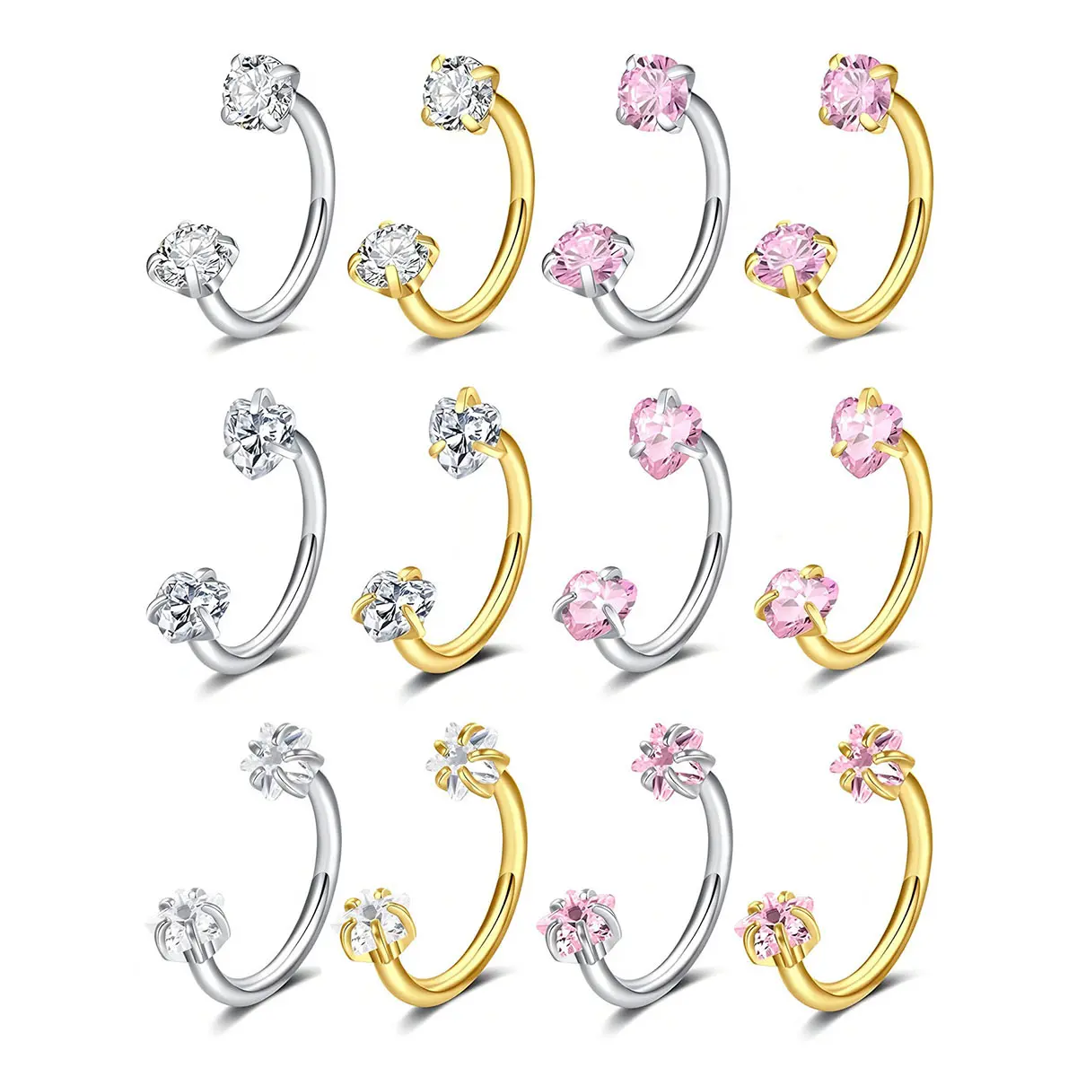 2Pcs Stainless Steel Internally Threaded C-Shape Horseshoe Piercing Rings, Claw Set Zircon Nose Lip Ear Jewelry Unisex
