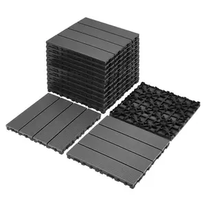 Eco-Friendly WPC Interlocking Deck Tiles, 9 Pack 11"x11"x1" 4 Slat per Tile, Waterproof Outdoor Flooring for Patio, Swimming Pools, Bedroom, All-Weather Building Supplies