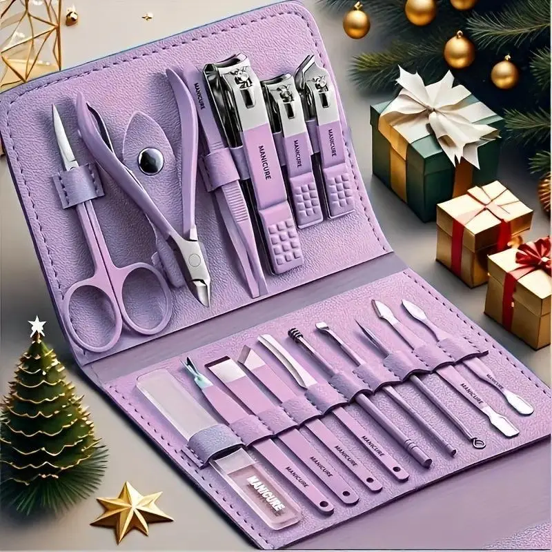16PCS Violet Nail Clippers Set - Nail Supplies, Portable Manicure Pedicure Kit with Travel Case