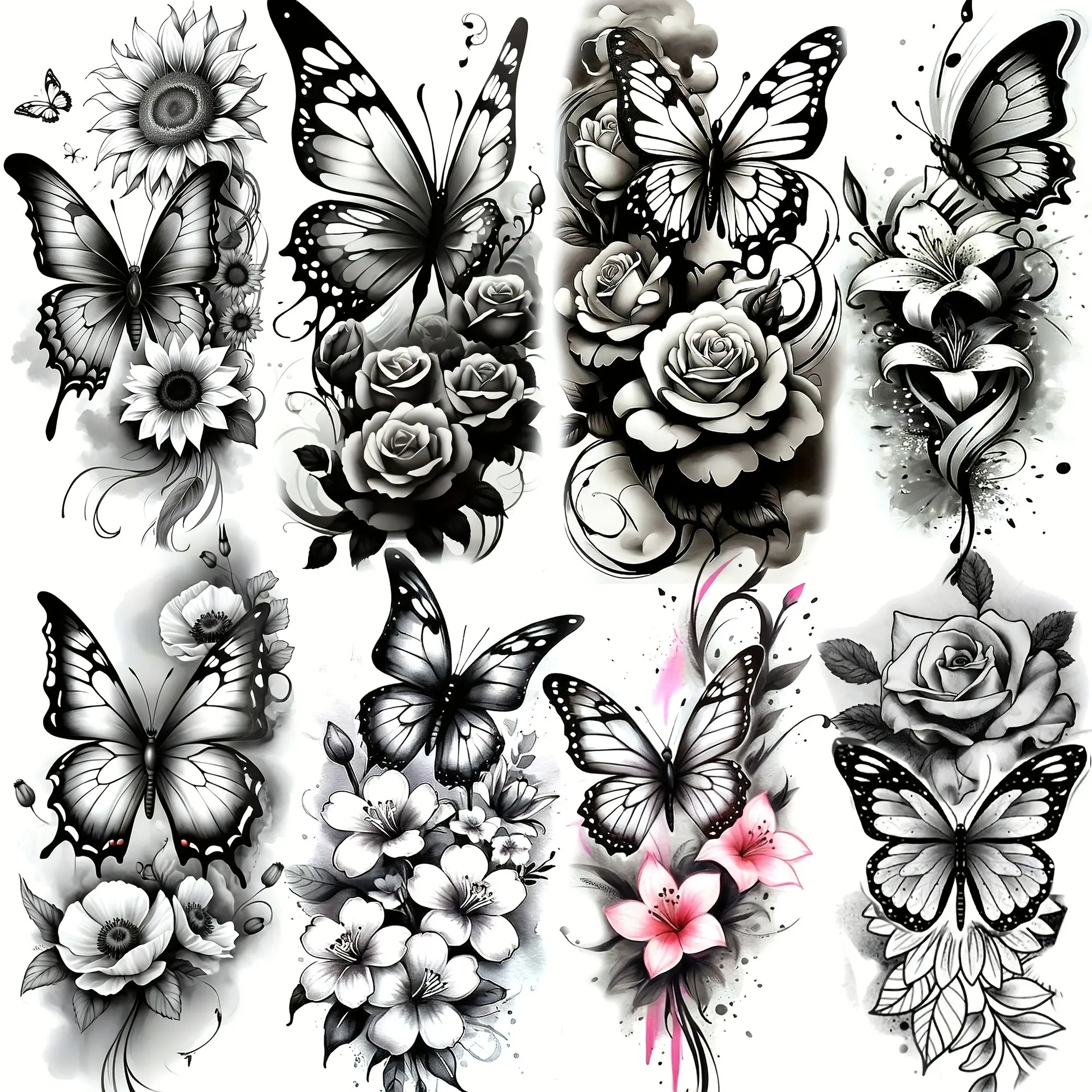 8 Temporary 3D Butterfly Peony Rose Tattoos for Women, Fake Tattoos, Water Transfer Printing, Waterproof Body Art Stickers, Ideal for Arms and Legs