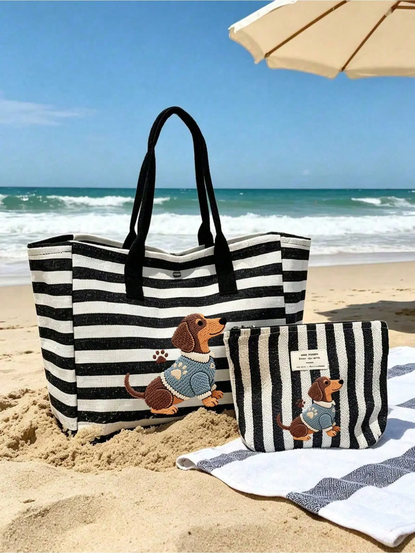 Striped Dog Handbag Set, Large Capacity Foldable PVC Bag, Waterproof Beach Travel Bag, Ideal for Summer Essentials