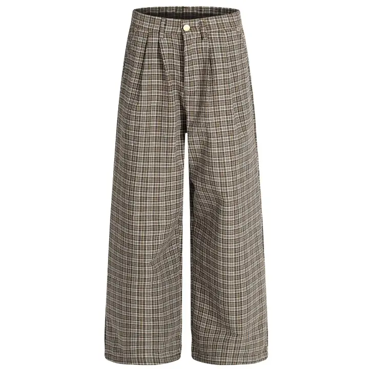Men's Vintage American Style Brown Plaid Cotton-Poly Double-Pleated Wide-Leg Ankle-Length Trouser - Casual Fashion Men's Bottoms for Street Commuting, Mature Relaxed High-Street Vibe, Button-Detailed
