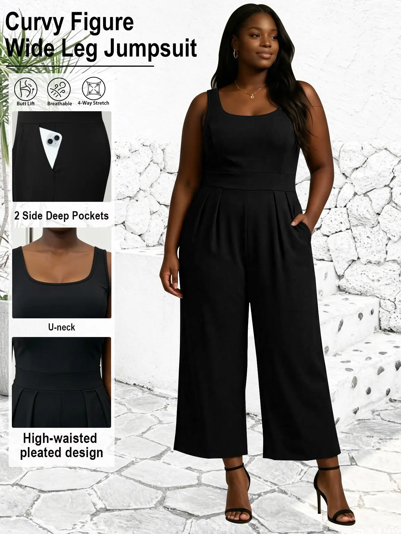 Plus Size Curvy Figure Sleeveless Jumpsuit, U‑Neck High Waist Pleated Wide Leg Jumpsuit With Deep Pockets, Invisible Zipper Stretch Casual Daily Wear Black Romper for Women